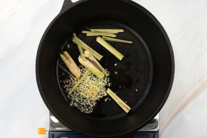 step 1: In a cast-iron skillet, sauté the herbs and spices until fragrant